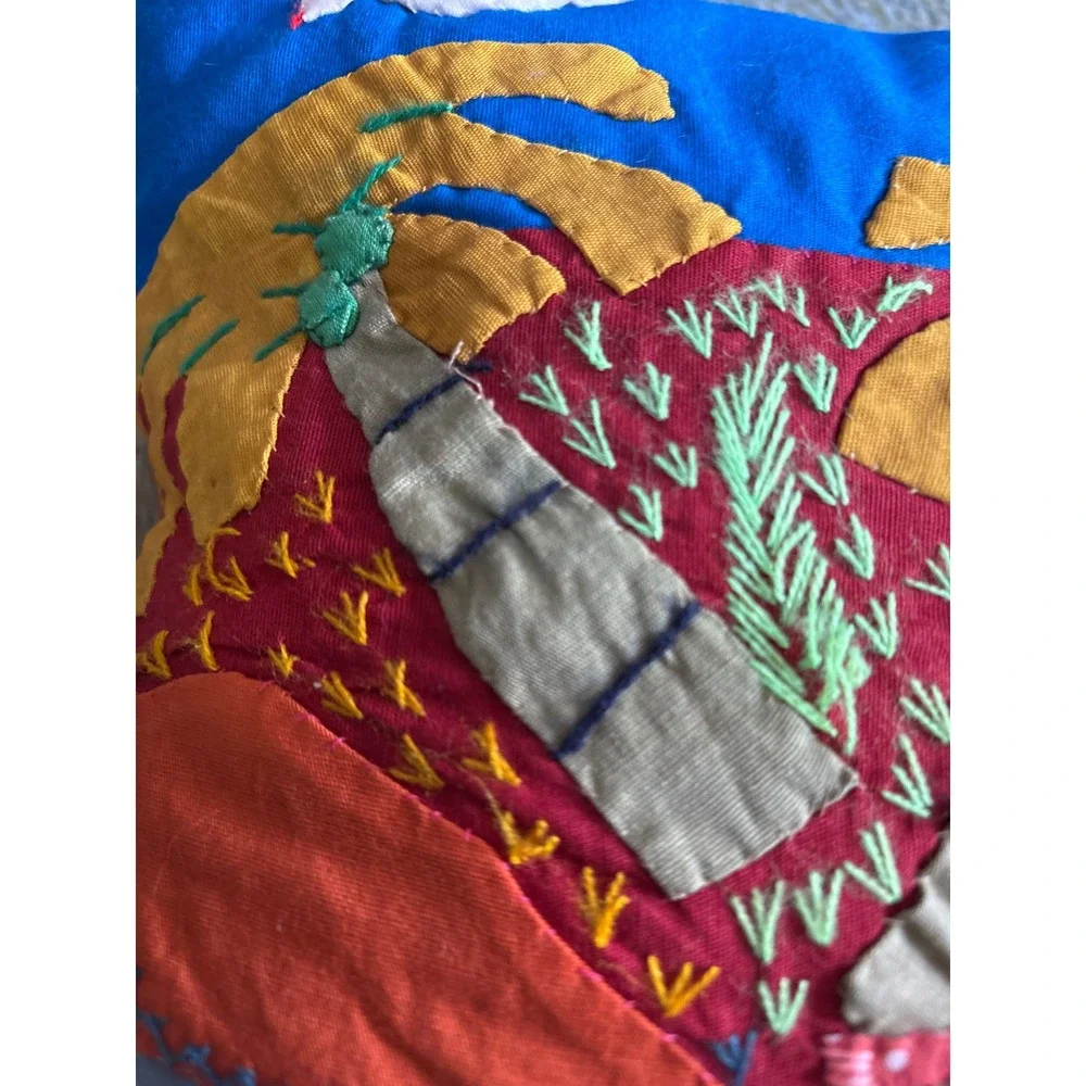 Vintage Handmade Folk Art Embroidered Appliqué Village Scene Throw Pillow Blue